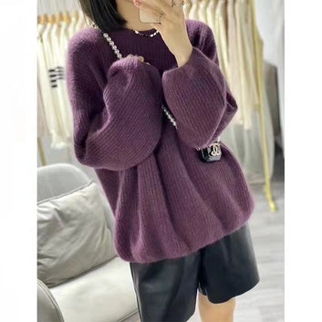 Round Neck Lantern Sleeve Knitted Sweater Lazy Style