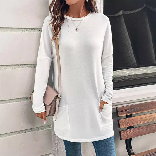 Women's Solid Color Long Sleeve Loose Round Neck Pocket Top T-shirt