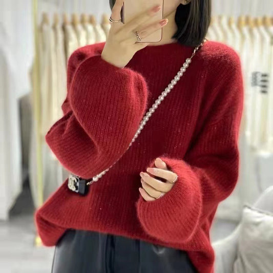 Round Neck Lantern Sleeve Knitted Sweater Lazy Style